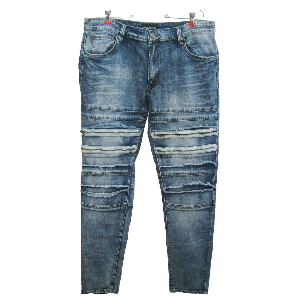 VICTORIOUS Jeans Mens (Size 36x32) Blue Distressed Designer Denim Pants Rockstar